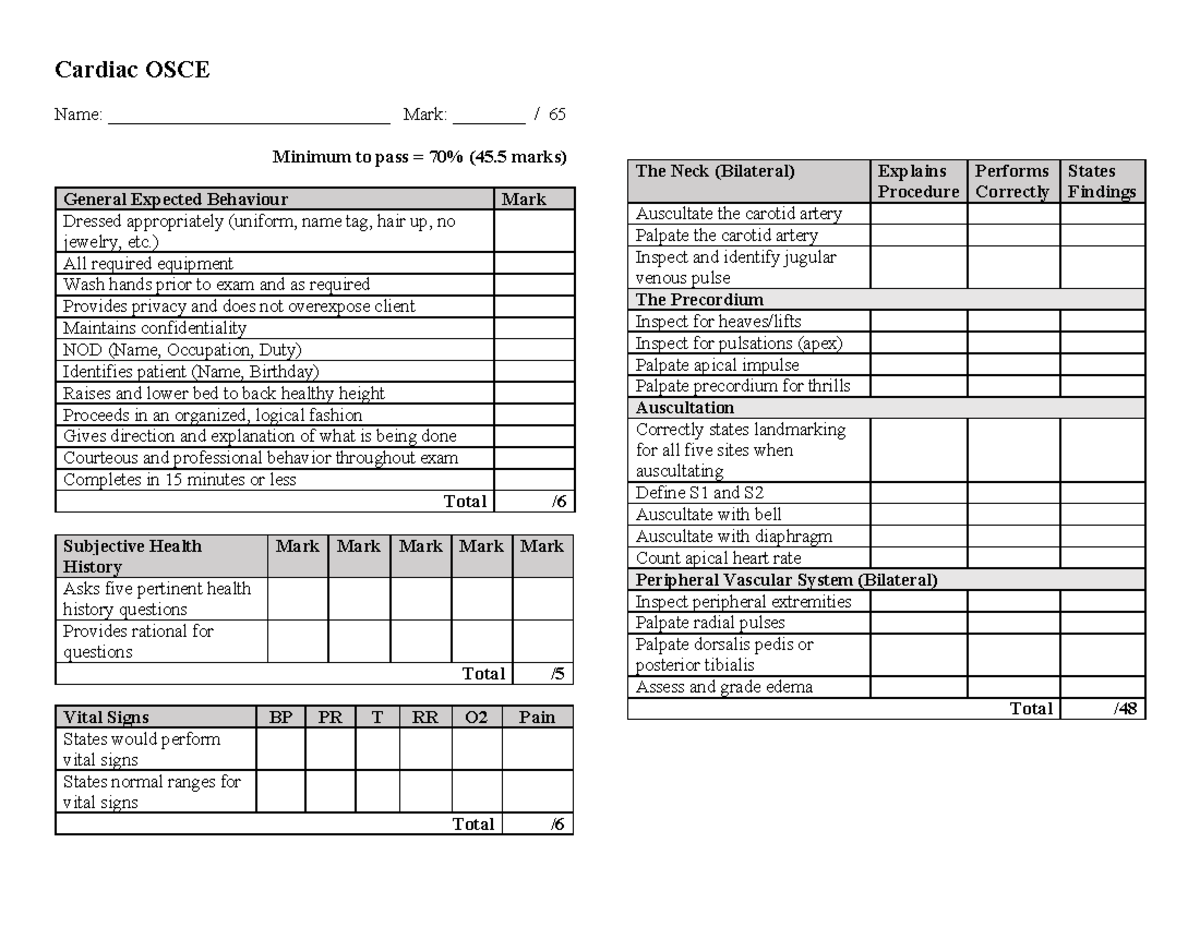 OSCE Cardiac Rubric - Warning: TT: undefined function: 32 Cardiac OSCE ...