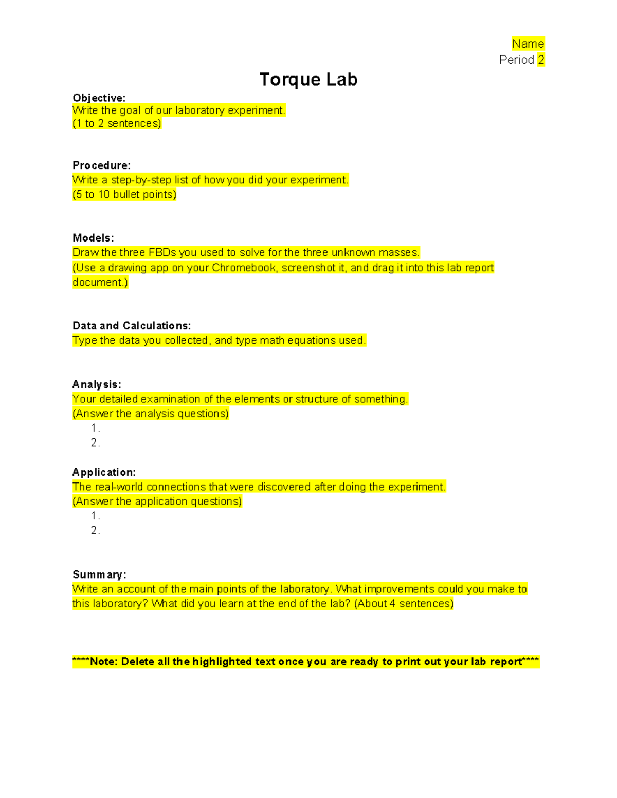 83 Torque Lab Report Template - Name Period 2 Torque Lab Objective ...
