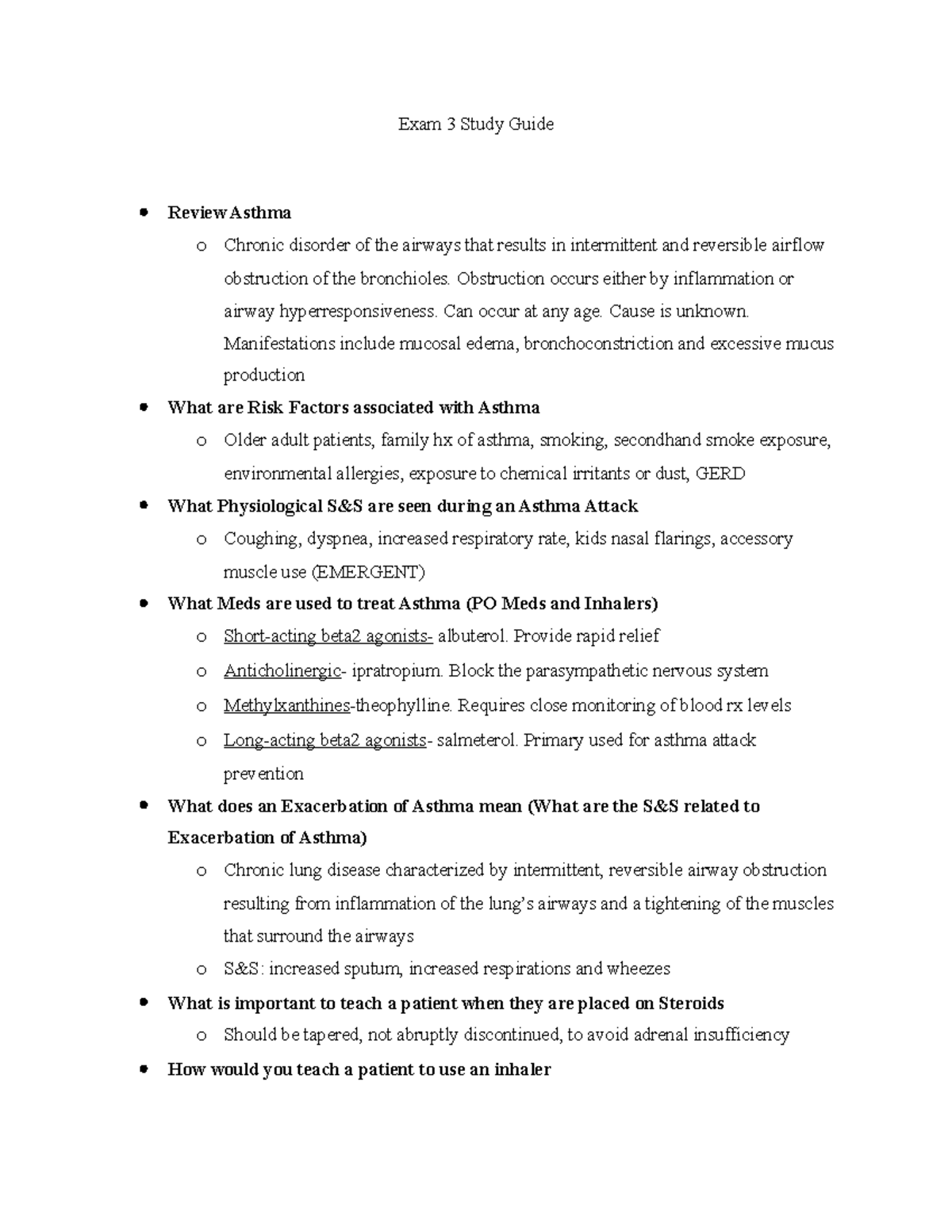 Exam 3 Study Guide - Exam 3 Study Guide Review Asthma o Chronic ...