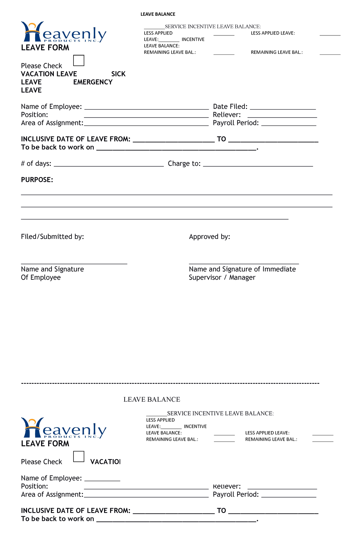 Leave Form 2 - LEAVE FORM Please Check VACATION LEAVE SICK LEAVE ...