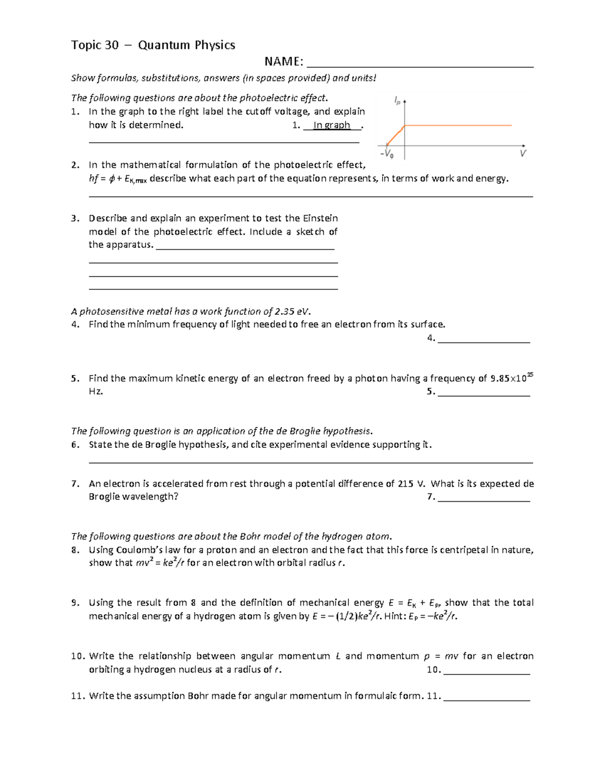 Quantum Physics - Topic 30 – Quantum Physics NAME ...