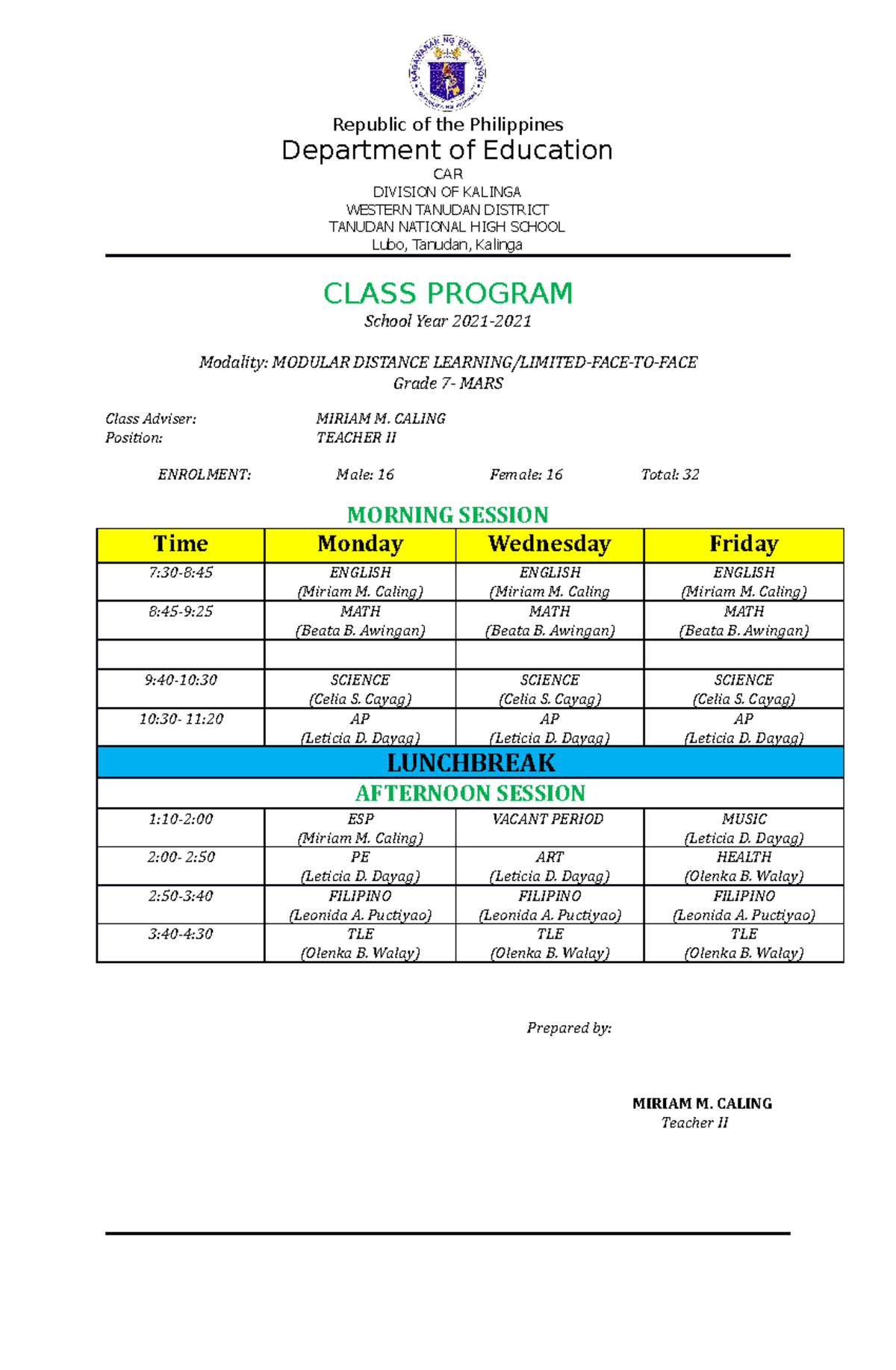 Class Program Template - Republic of the Philippines Department of ...