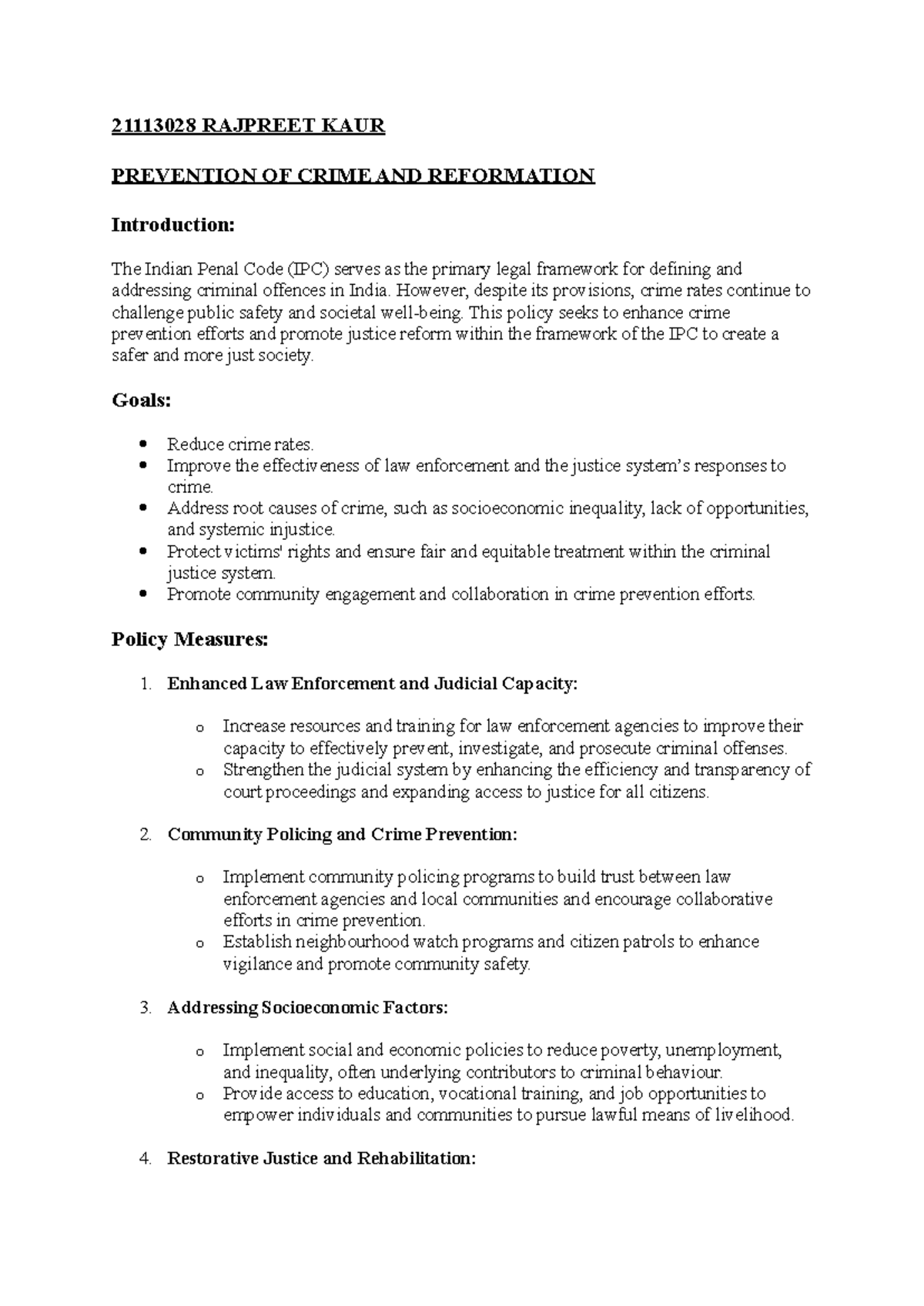 Penology CIA - Notes - 21113028 RAJPREET KAUR PREVENTION OF CRIME AND ...