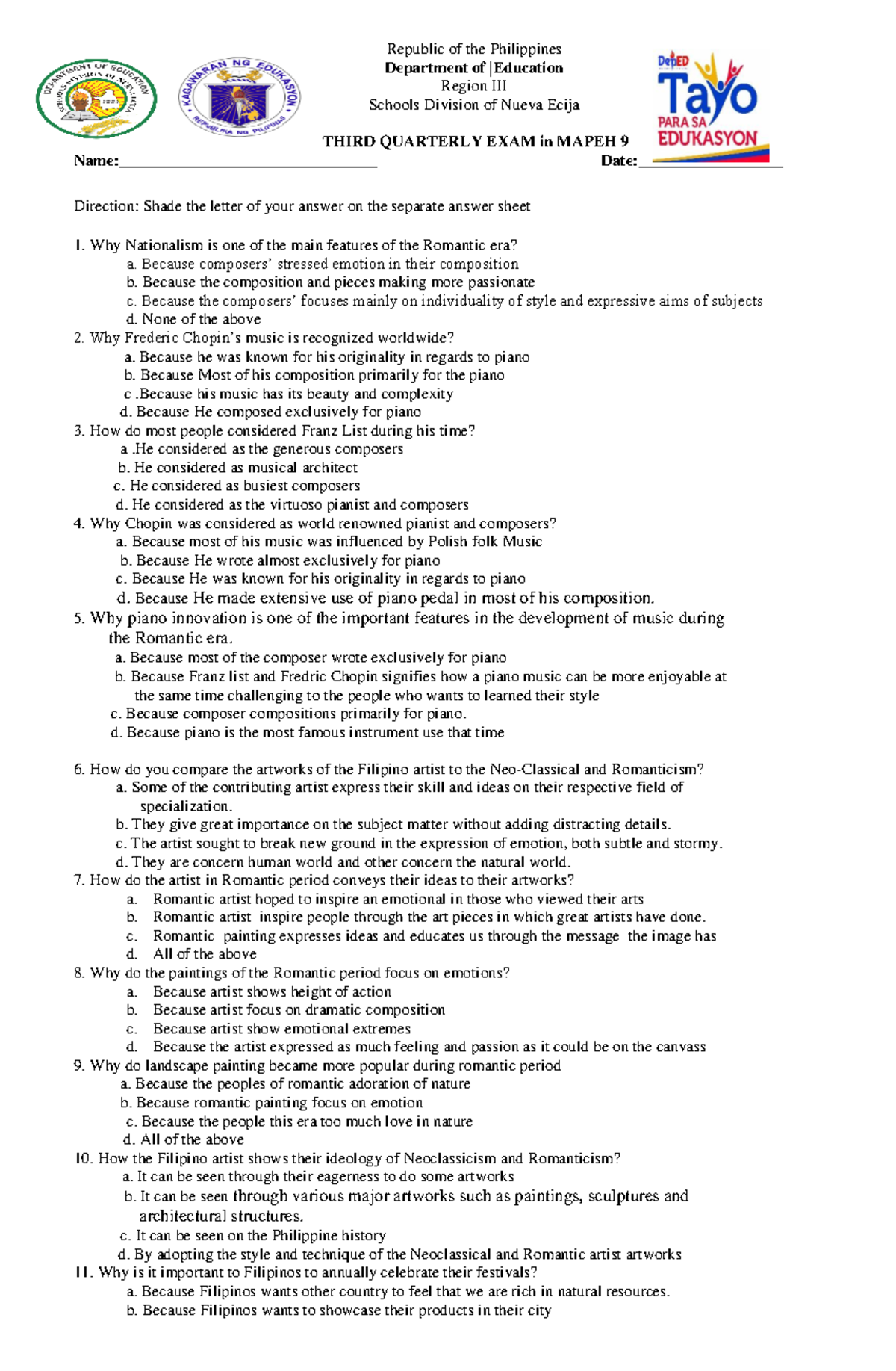 Toaz - Exam - Republic Of The Philippines Department Of |Education ...