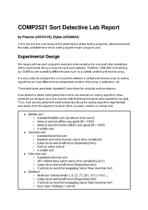 Lab report lab9 - COMP2521 Sort Detective Lab Report The purpose of the ...