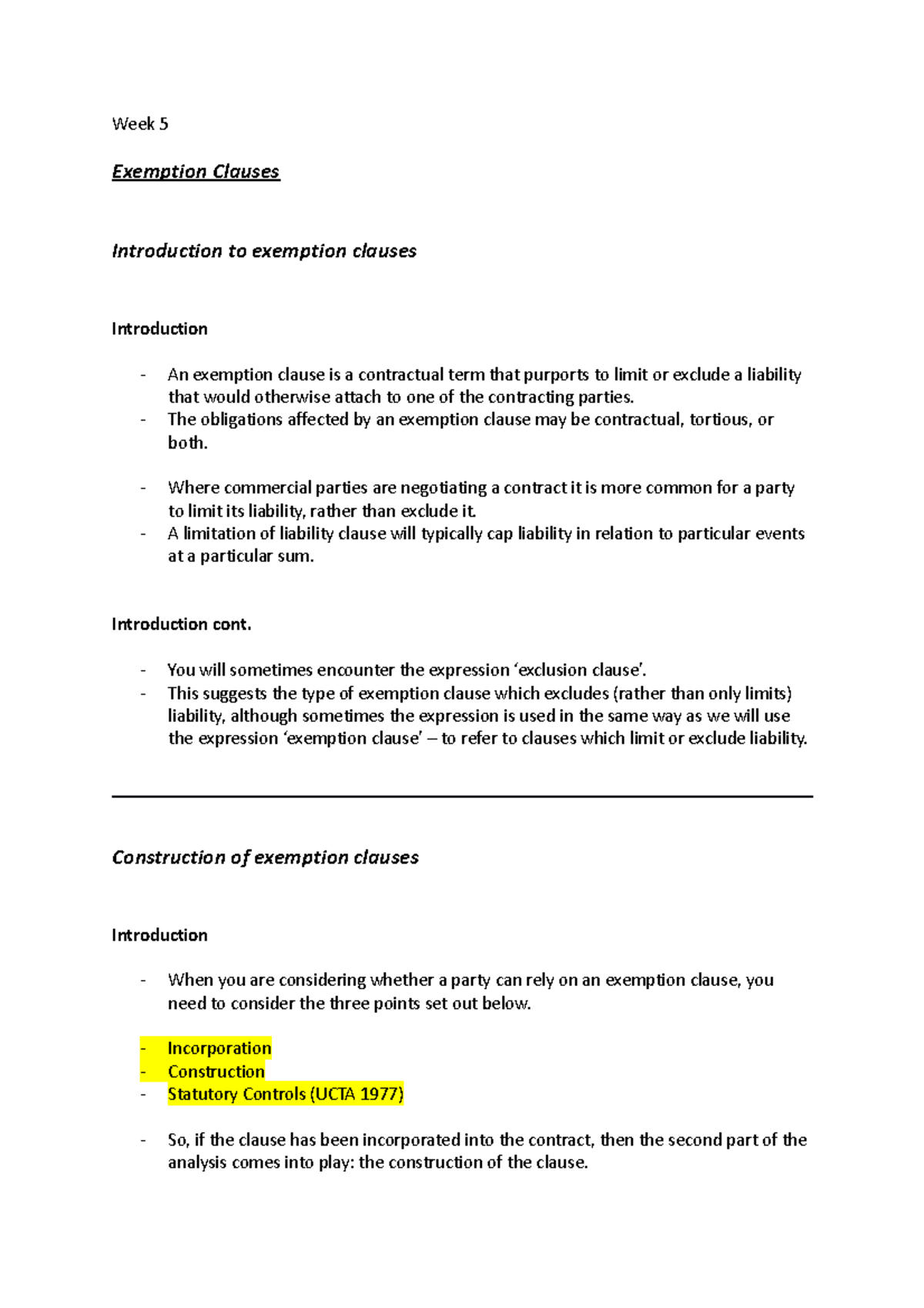 Week 5 - Exemption Clauses - Week 5 Exemption Clauses Introduction to ...
