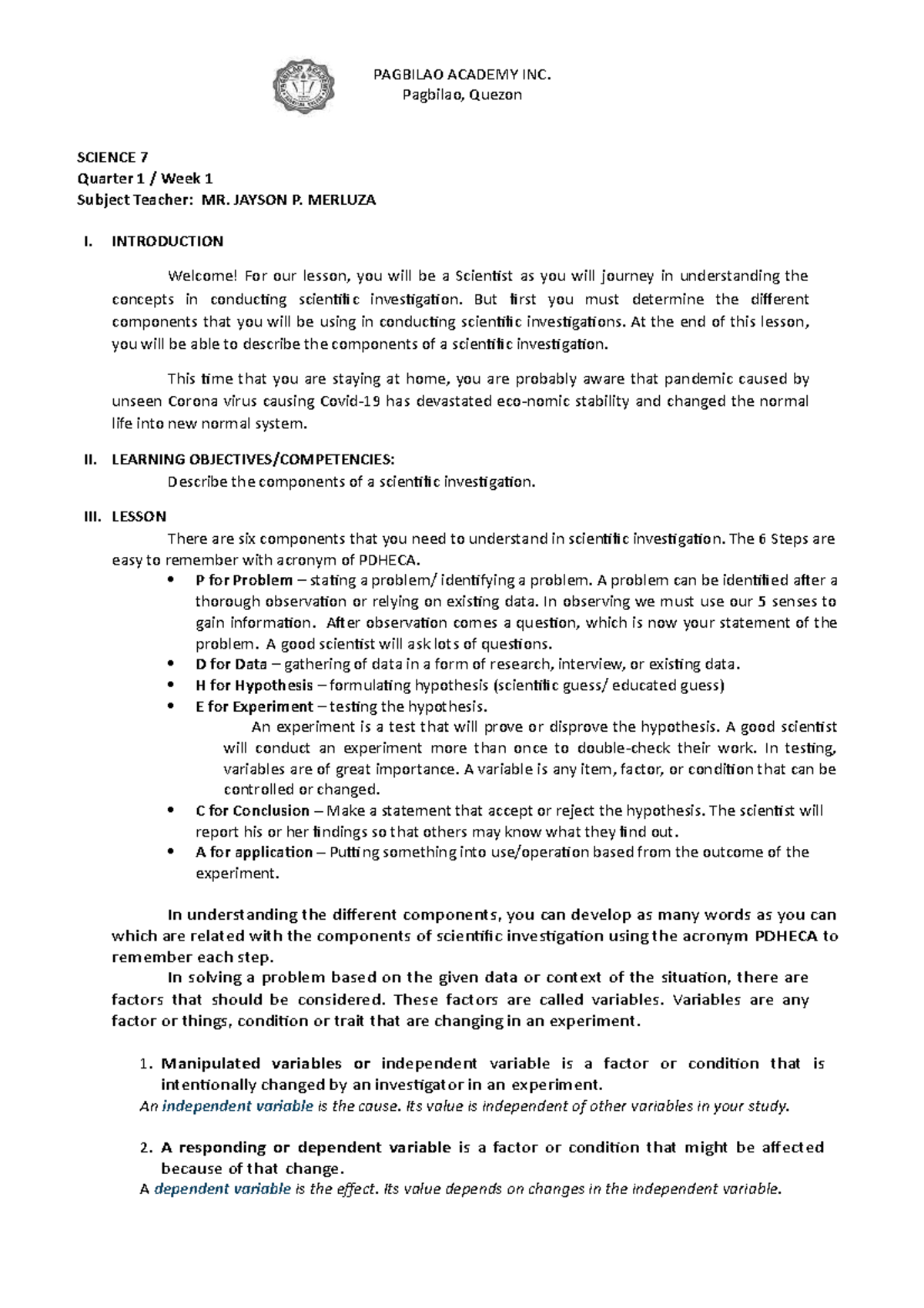 Grade 7 -Q1-W1 - Lesson Exemplar - PAGBILAO ACADEMY INC. Pagbilao ...