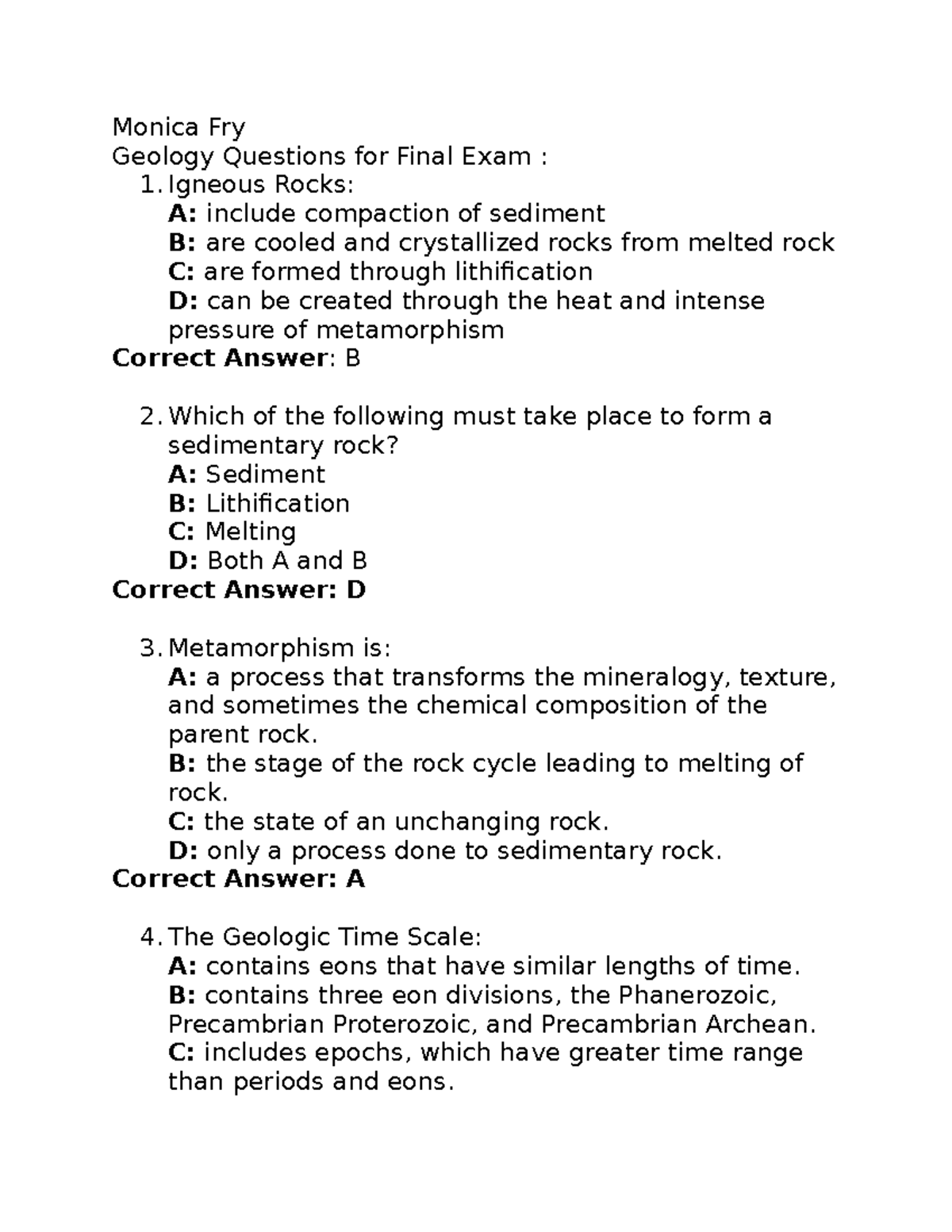 Geology Questions Monica Fry Geology Questions for Final Exam 1