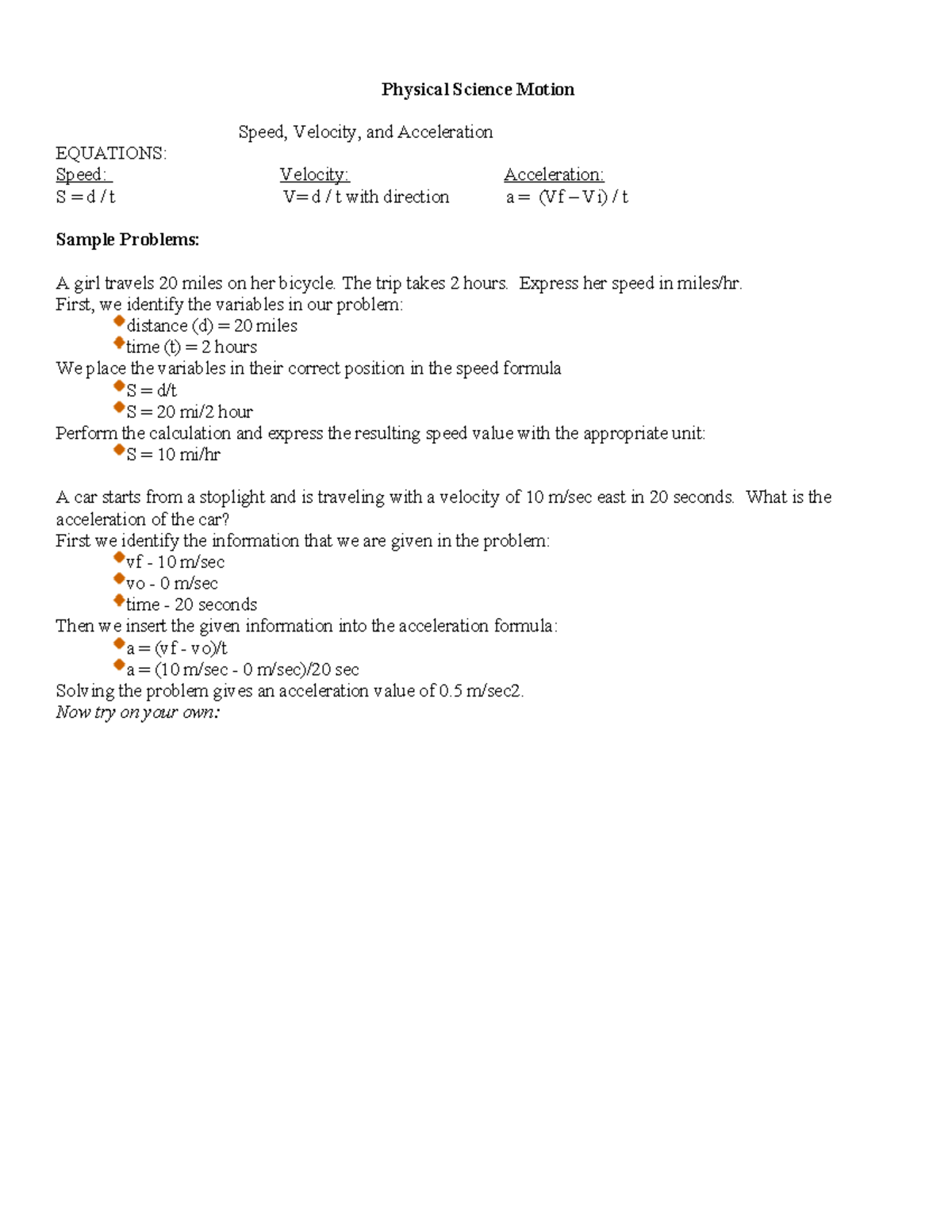 0velocity speed acceleration practice - Physical Science Motion Speed ...