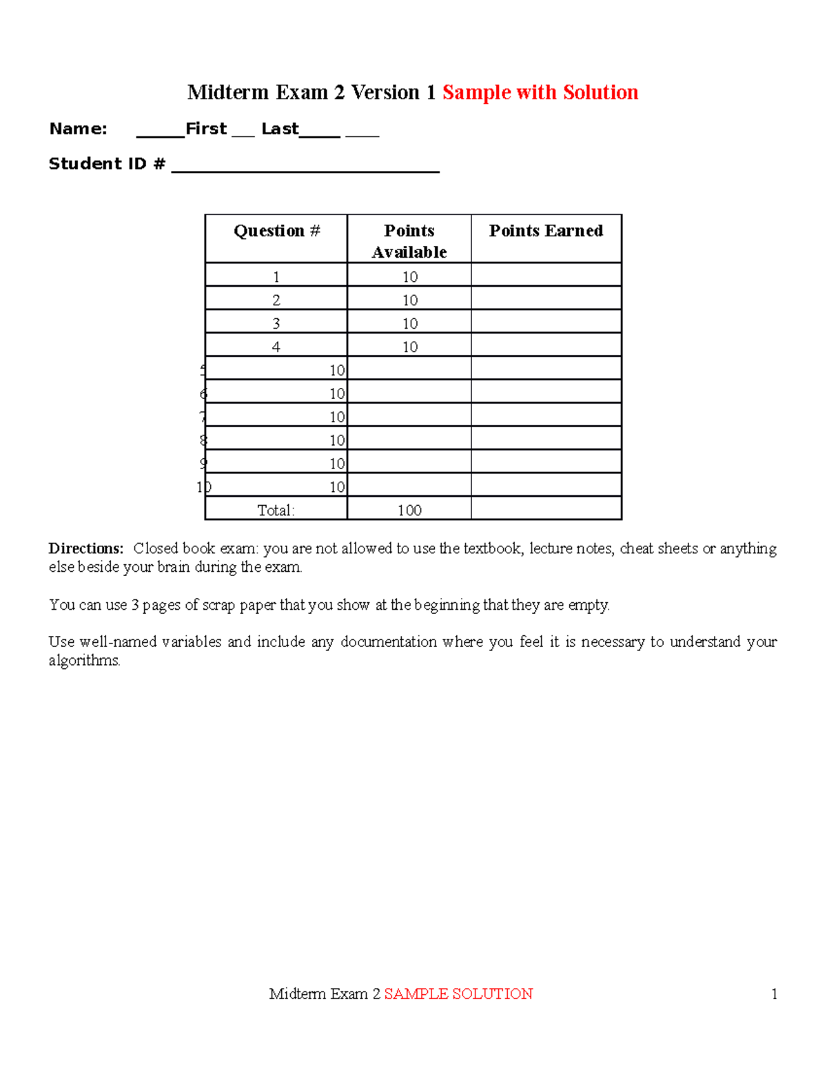 Midterm 2 Sample With Solutions - Midterm Exam 2 Version 1 Sample With ...