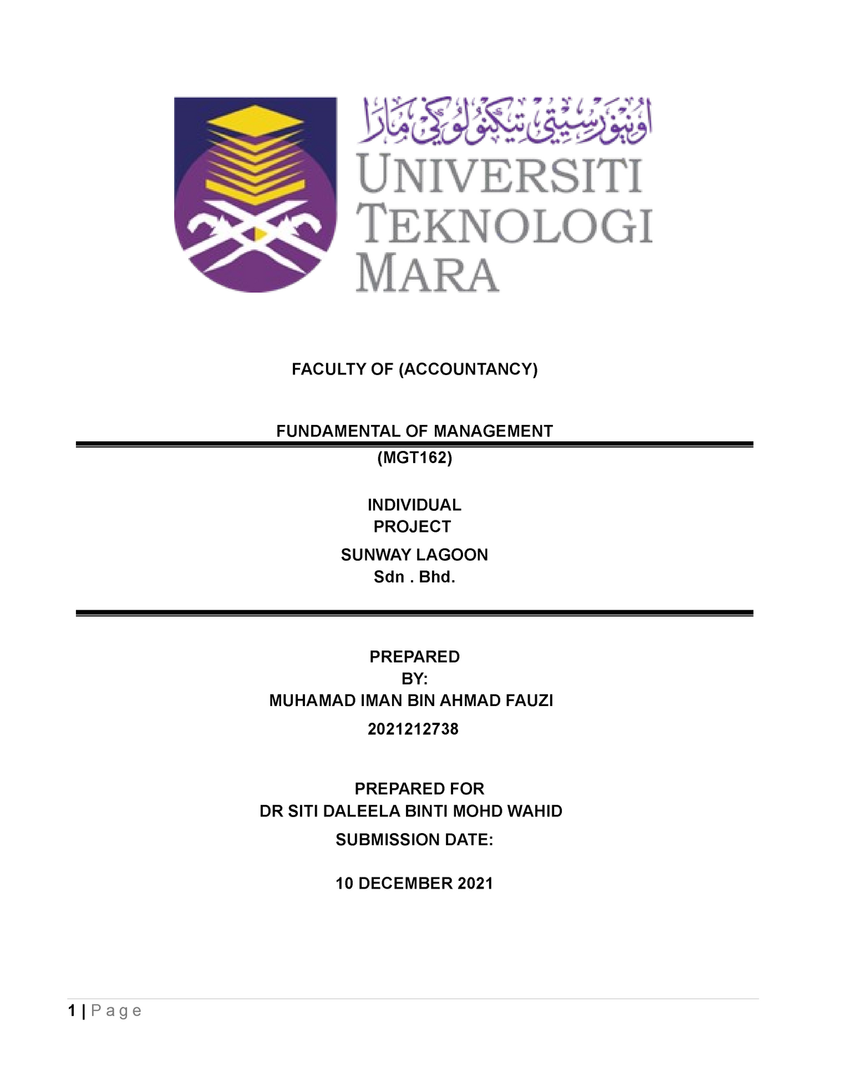 Individual Assignment For Mgt162 - Fundamental Of Management - UiTM ...