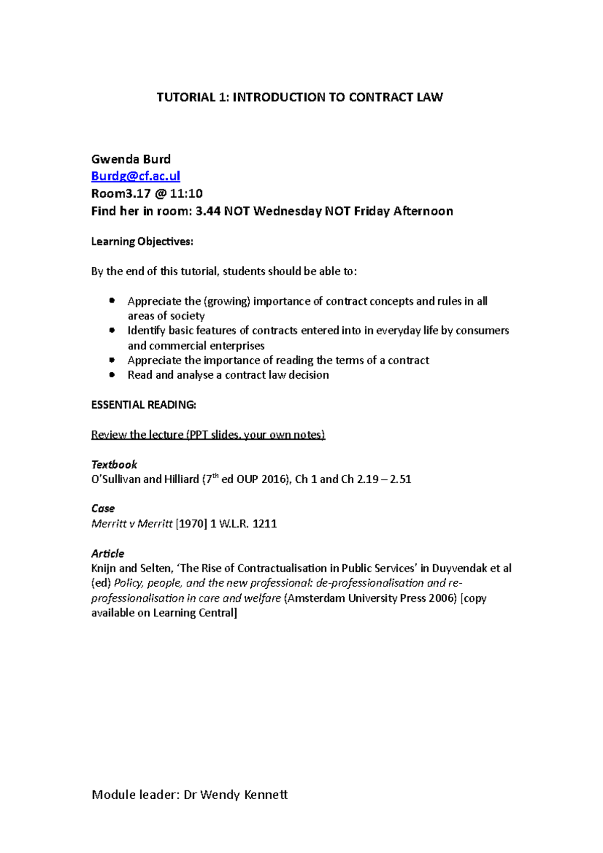 Contracts - tutorial 1 - TUTORIAL 1: INTRODUCTION TO CONTRACT LAW ...