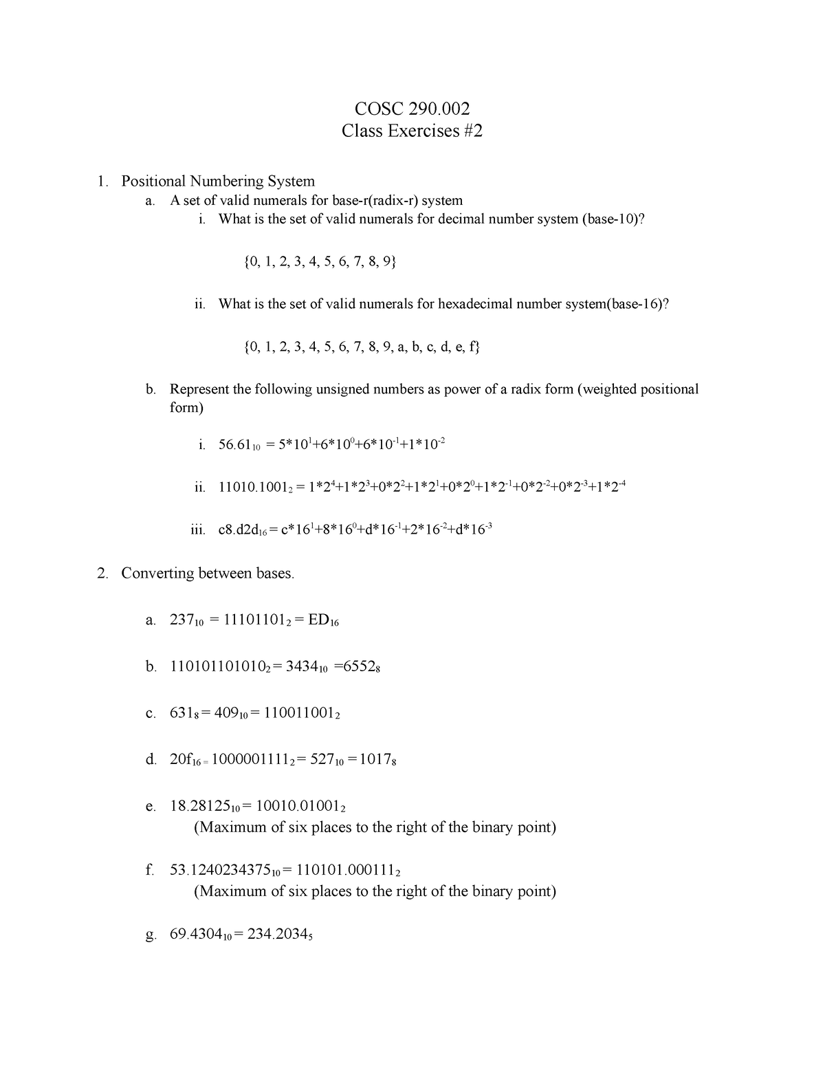 Class exercise 2 - COSC 290. Class Exercises 1. Positional Numbering ...