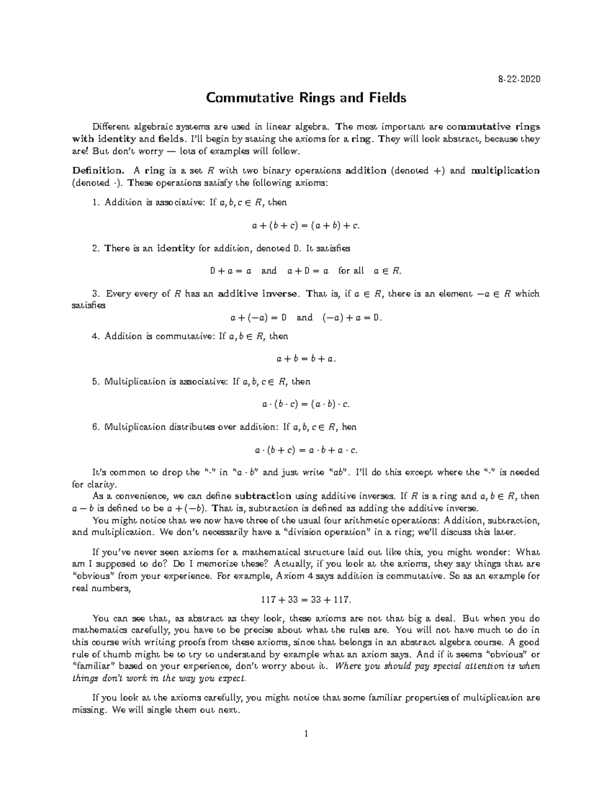 Rings Basics of ring theory 822 Commutative Rings and Fields