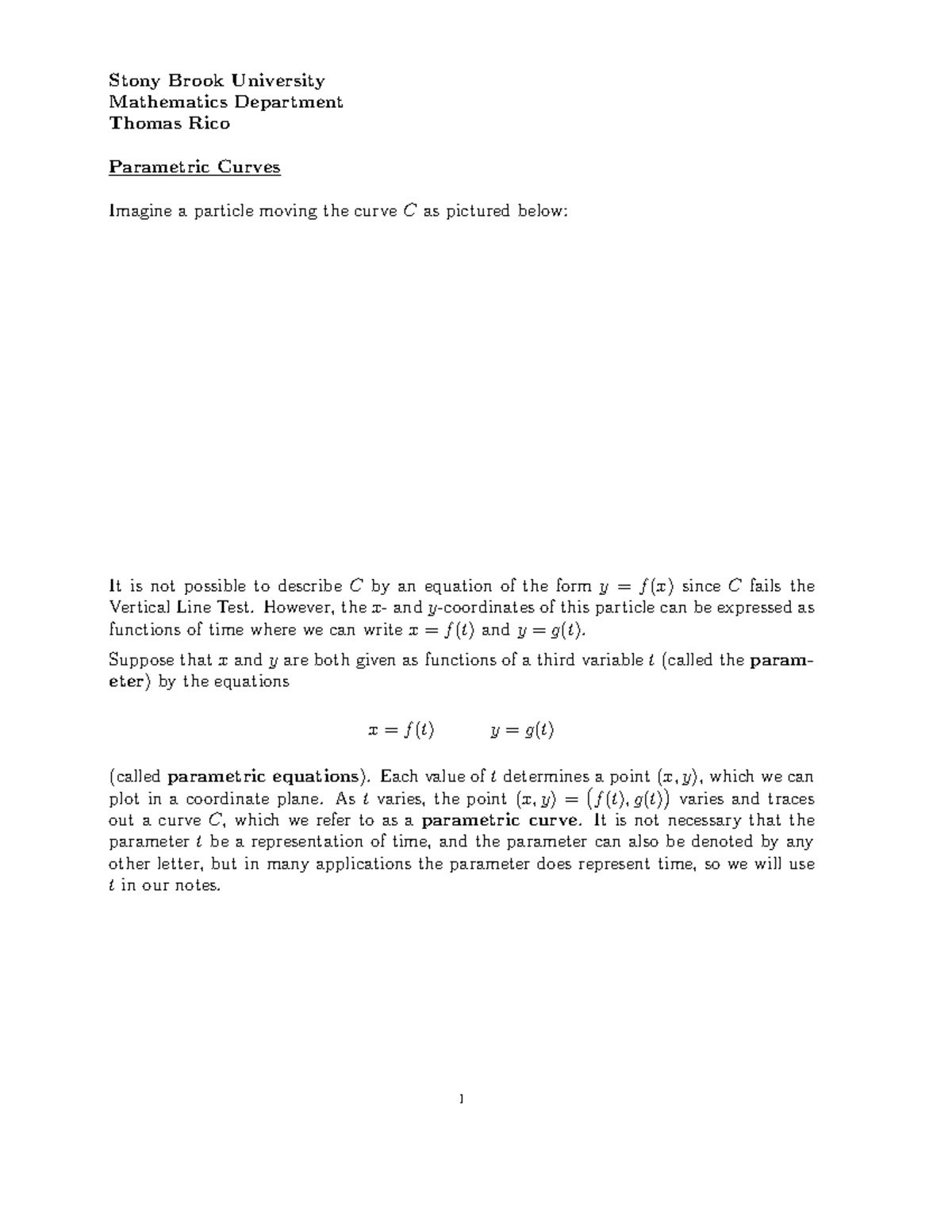 Calculus B 17 Parametric Curves - Stony Brook University Mathematics ...