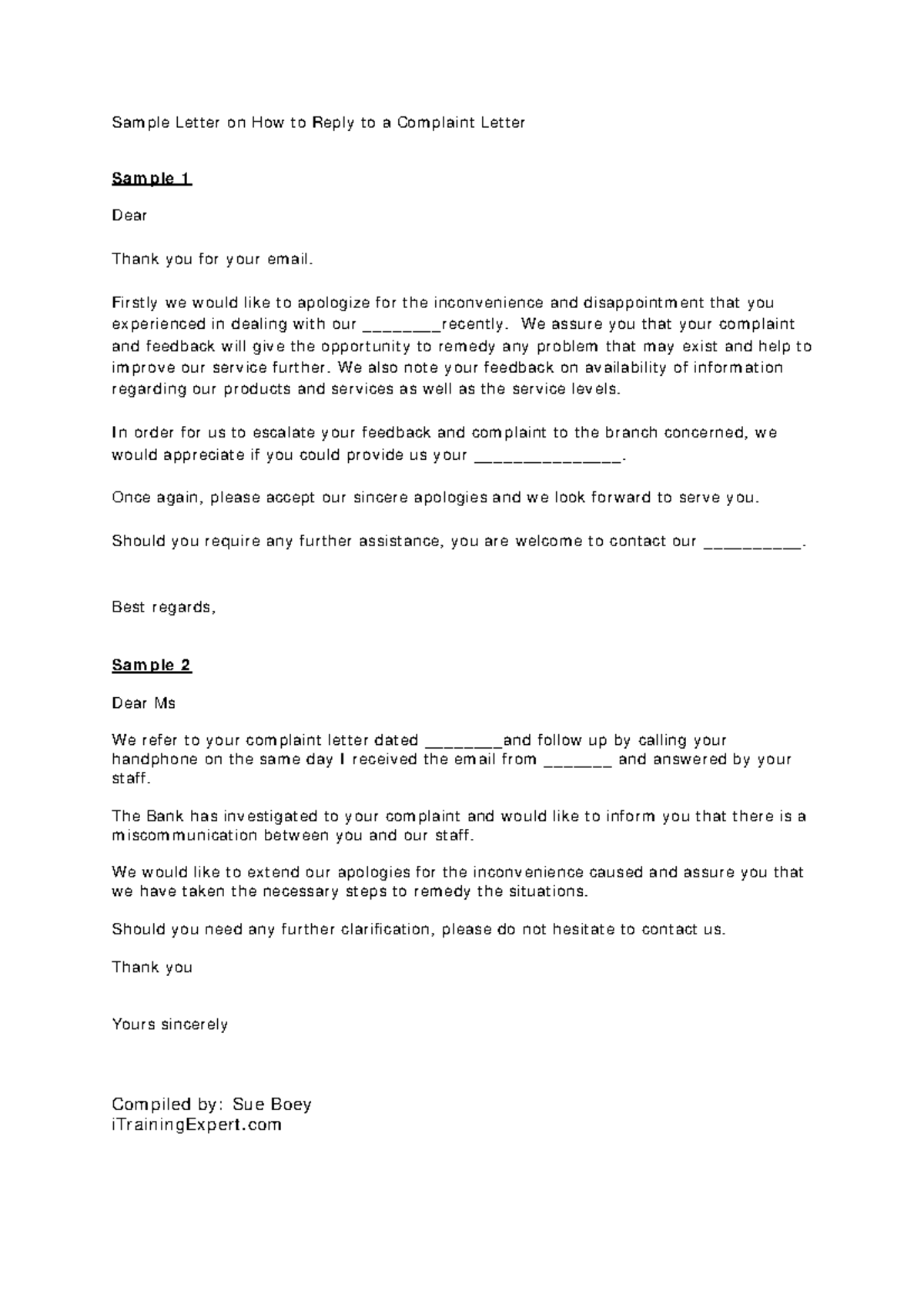 Reply To Complaint Letter Format