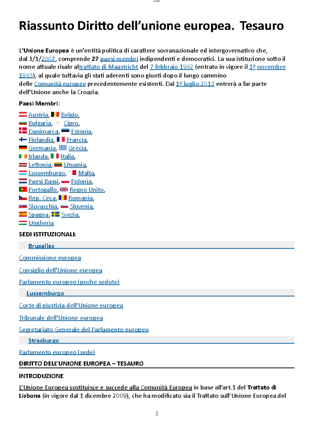 Diritto Europeo, Riassunto - Riassunto Diritto Dell’unione Europea ...