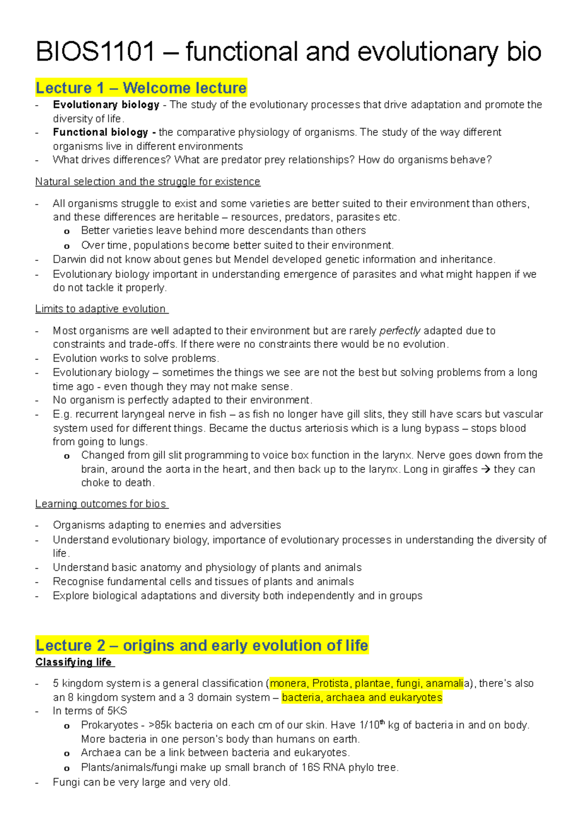 BIOS1101 - Lecture notes All - BIOS1101 – functional and evolutionary ...