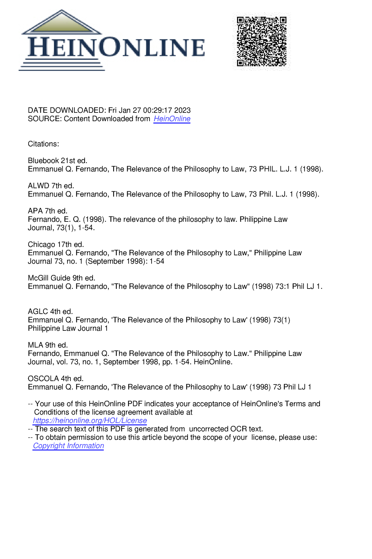 Philo-to-Law - Philosophy of Law - ####### DATE DOWNLOADED: Fri Jan 27 ...