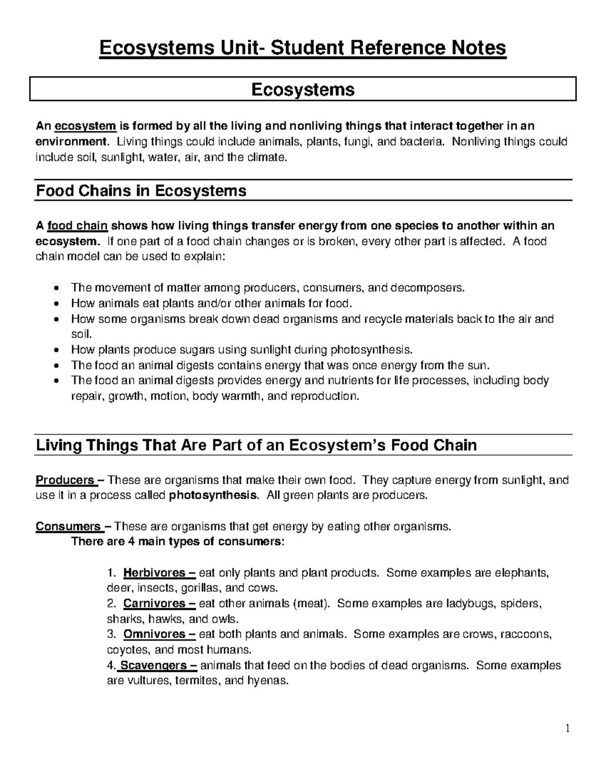 Ecosystem Student Reference Notes Revised For 2018-2019 - Ecosystems 