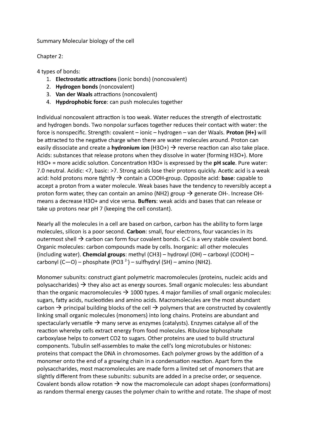 Summary Molecular biology of the cell 1 - Summary Molecular biology of ...