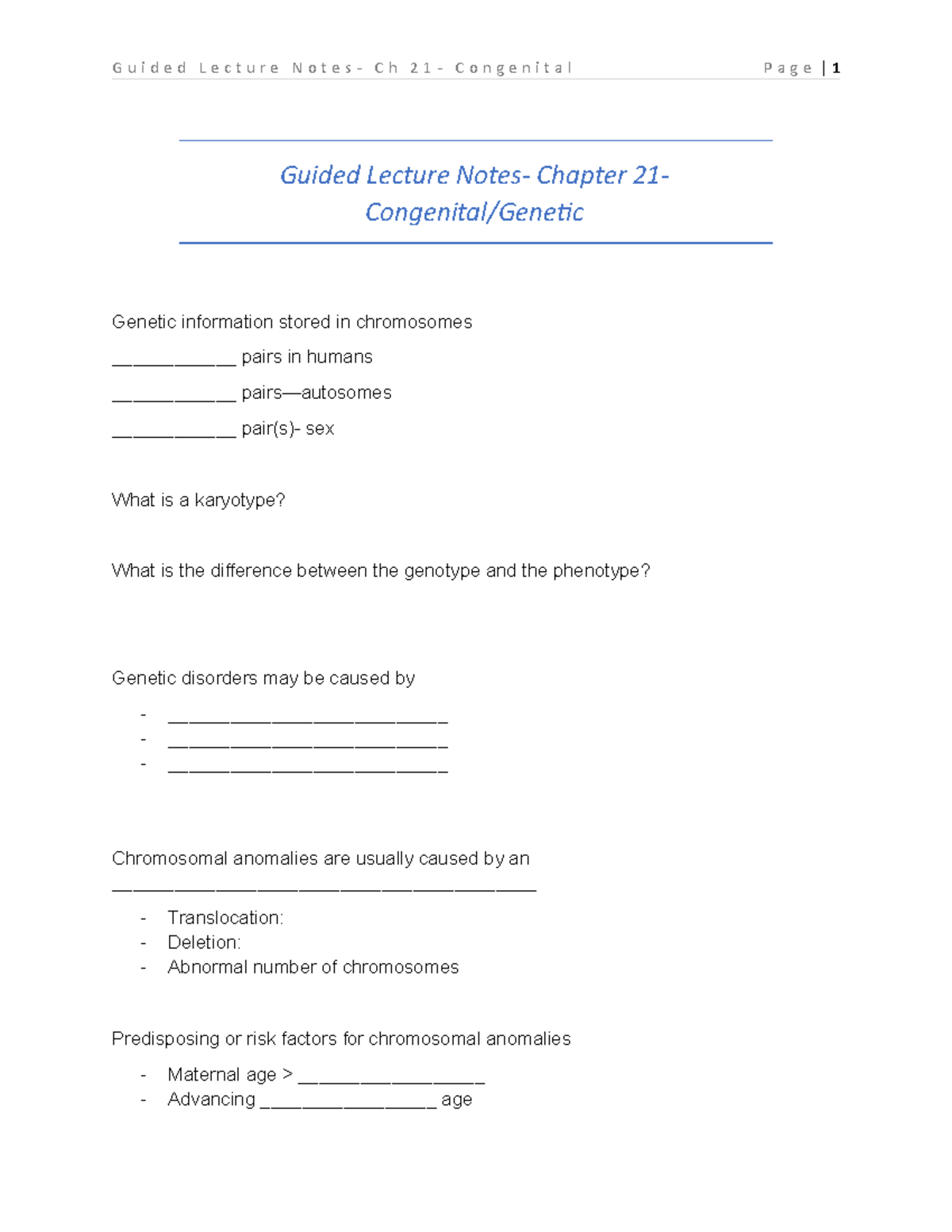 Guided Lecture Notes Ch 21 Congenital Genetic Guided Lecture Notes