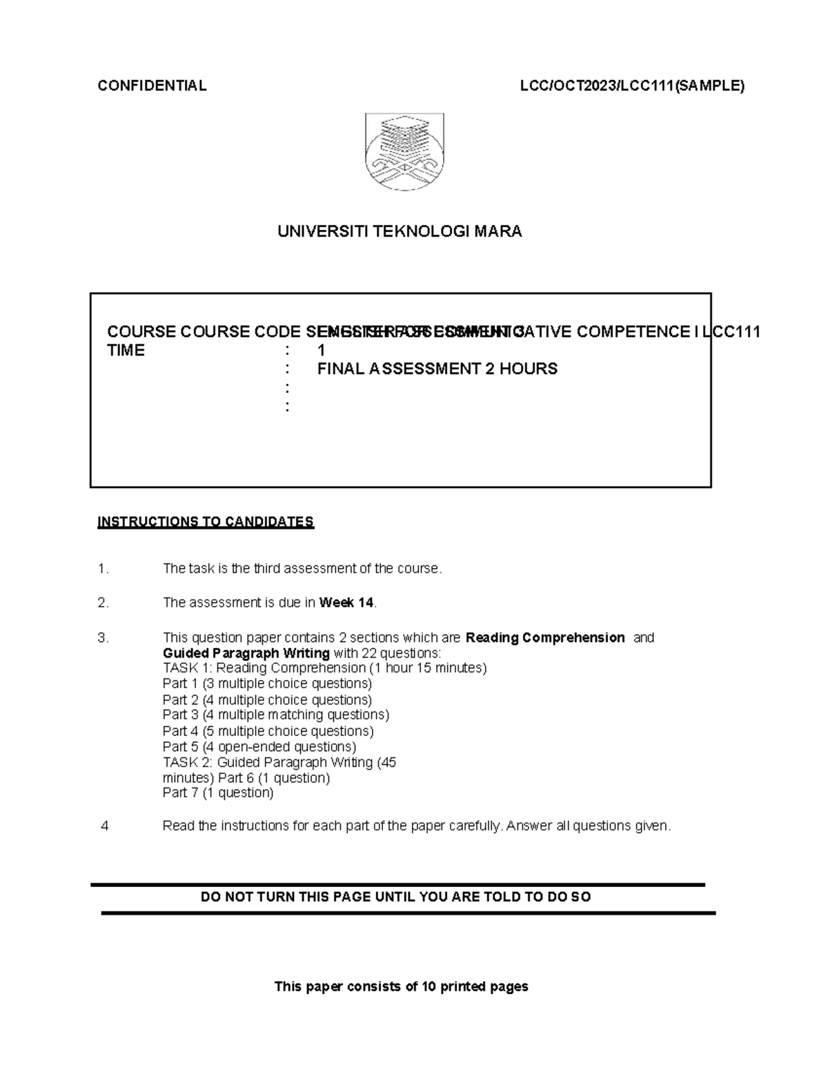Copy of Reading TASK - CONFIDENTIAL LCC/OCT2023/LCC111(SAMPLE) COURSE ...