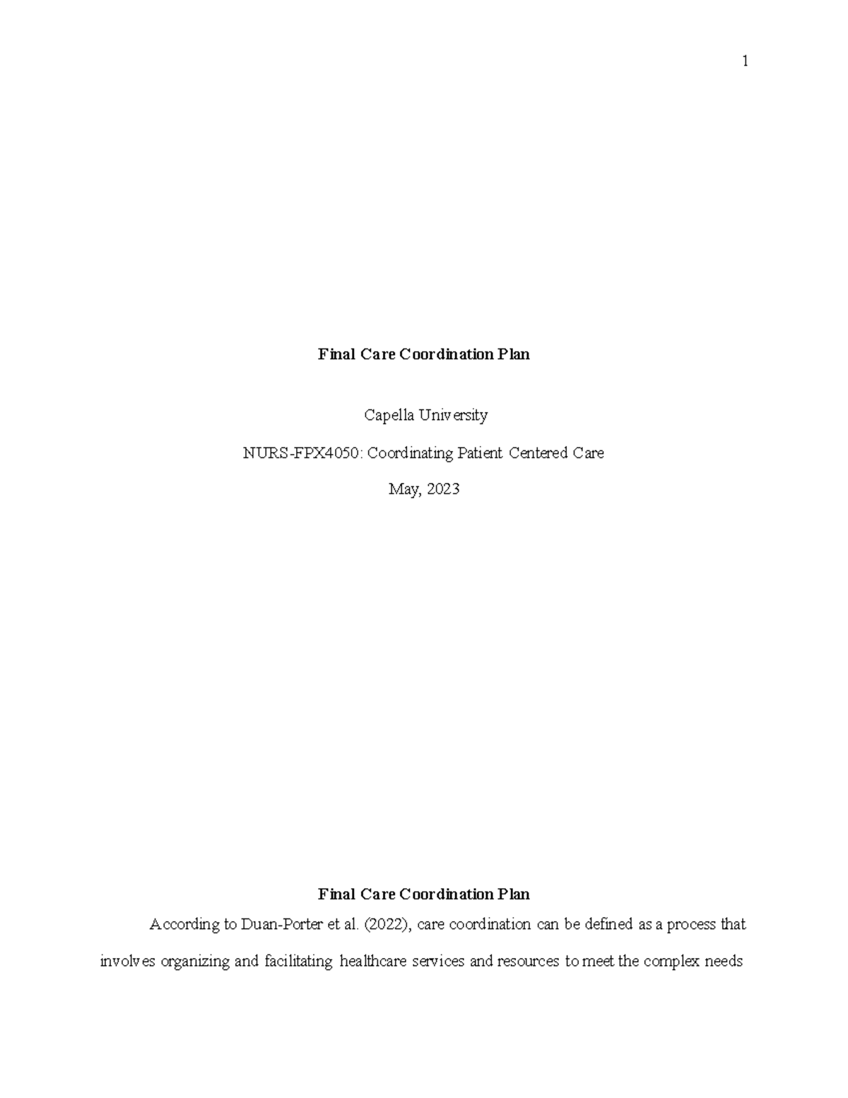 Nurs fpx 4050 Assessment 4 - Final Care Coordination Plan Capella ...