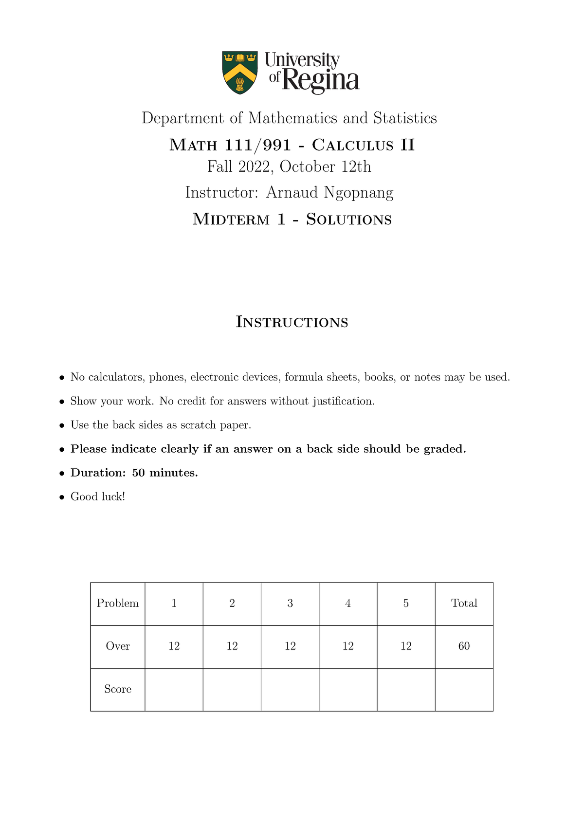 Math 111 - Midterm 1 - Solutions - Department Of Mathematics And ...