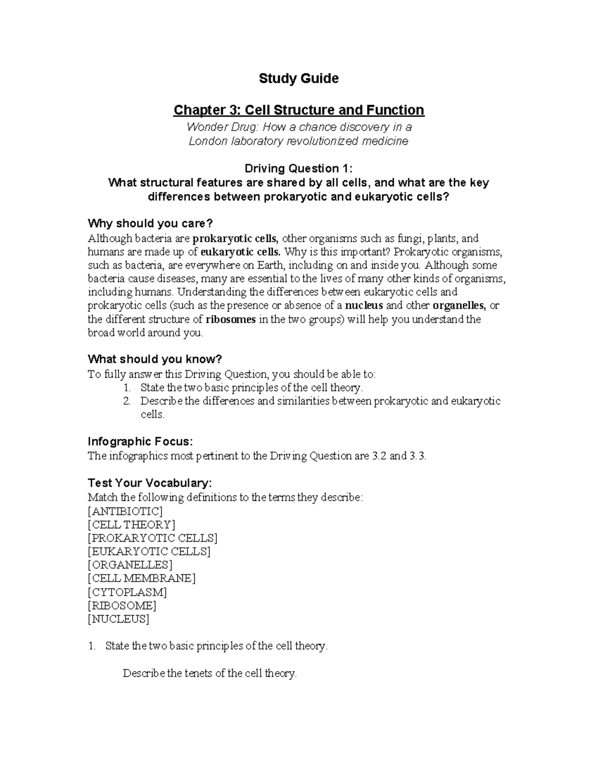 Study Guide for Biology - Study Guide Chapter 3: Cell Structure and ...