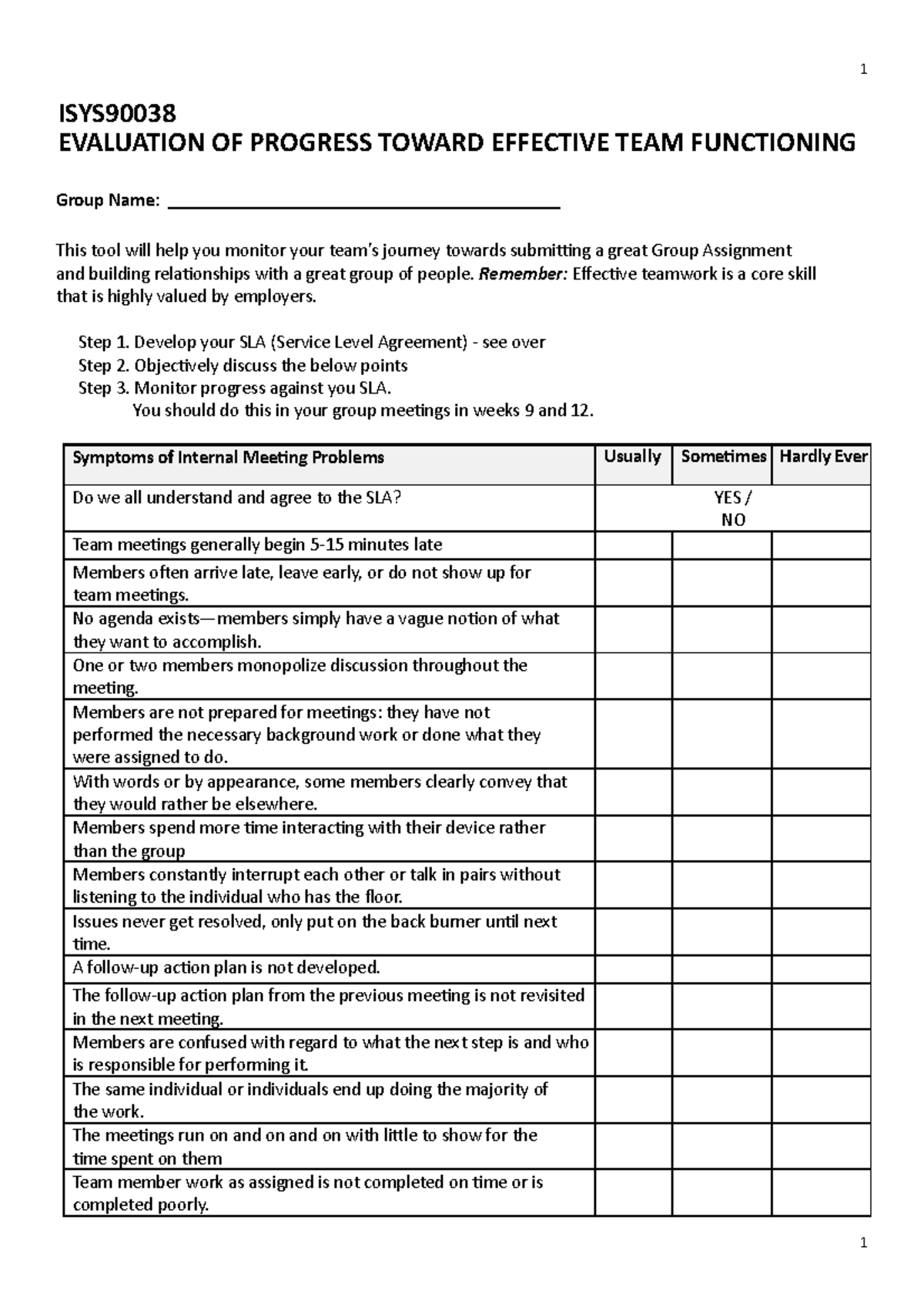 Assignment 2 Team Health Check 1 ISYS EVALUATION OF PROGRESS TOWARD