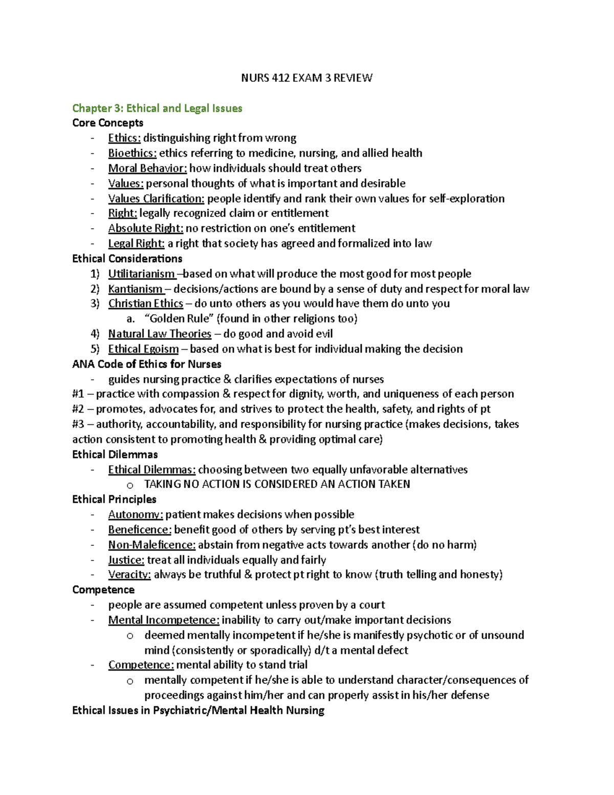 NURS 412 EXAM 3 Review - NURS 412 EXAM 3 REVIEW Chapter 3: Ethical and ...