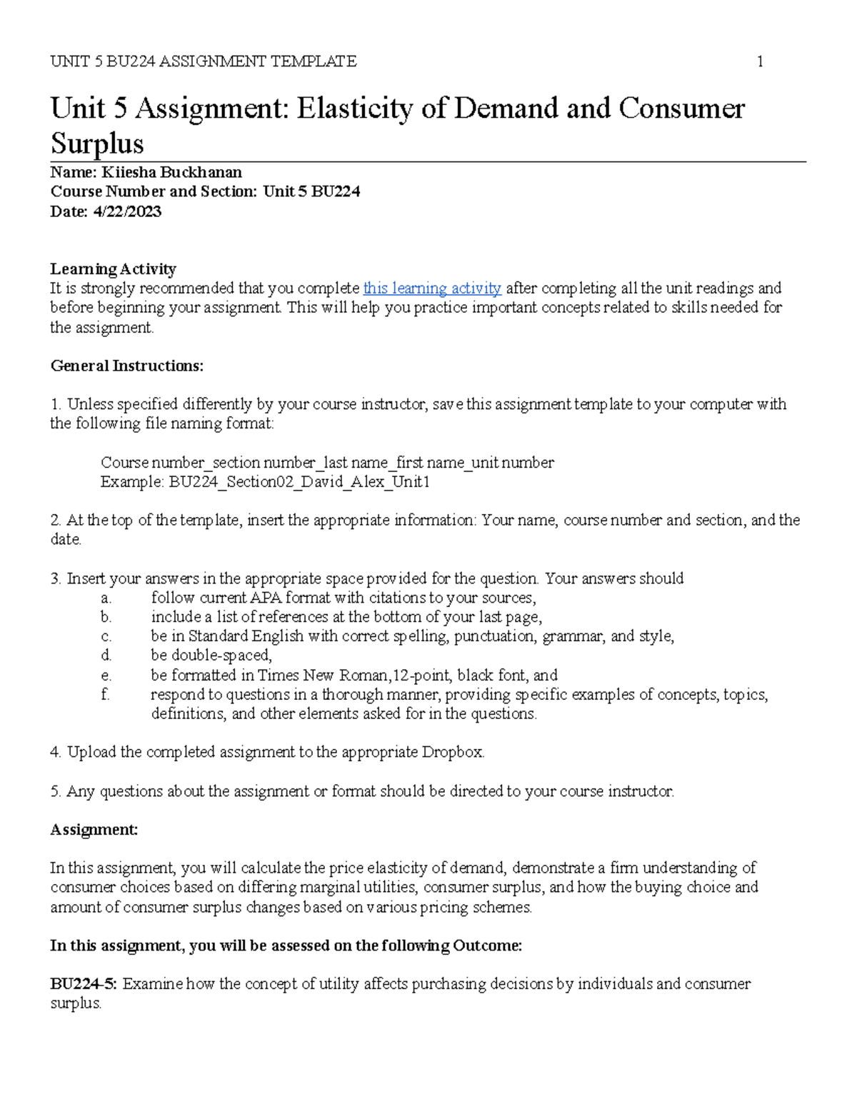 unit 5 assignment elasticity of demand and consumer surplus