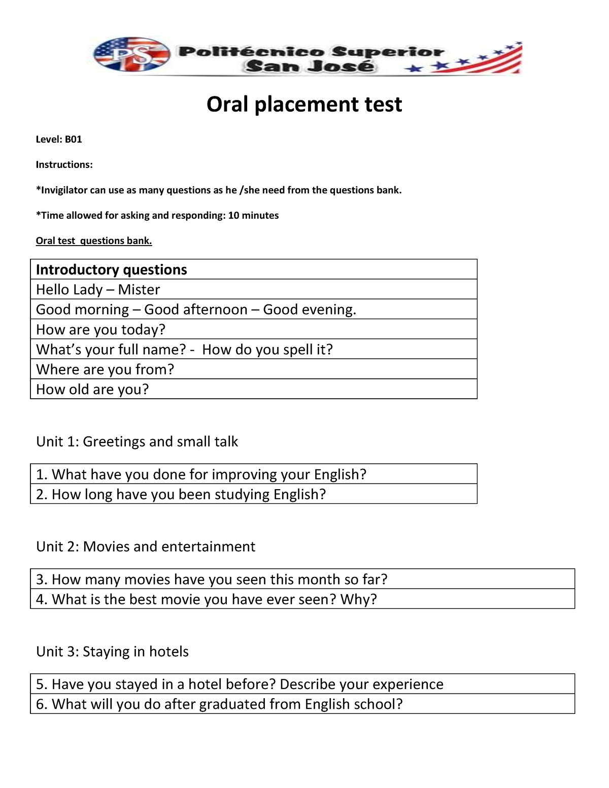 Oral Placement Test Questions Bank B01 Oral Placement Test Level B