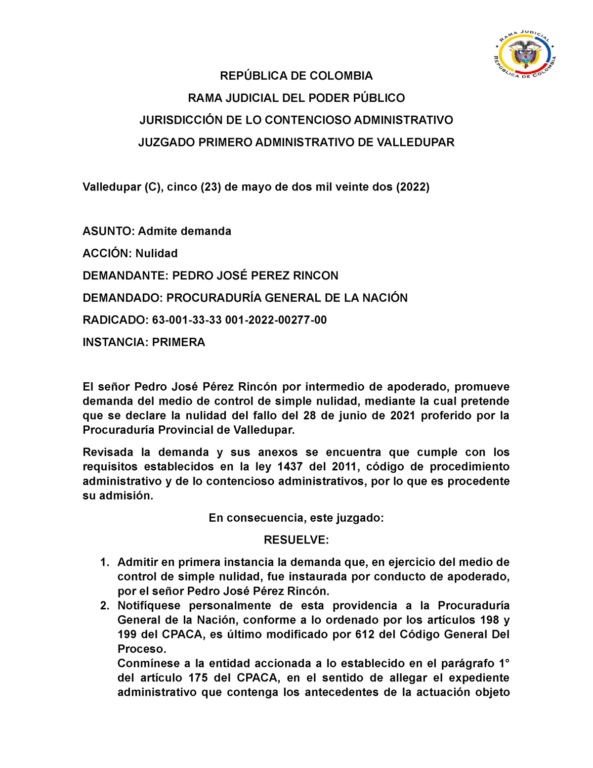 AUTO Admisorio Demanda Simple Nulidad - REPÚBLICA DE COLOMBIA RAMA ...