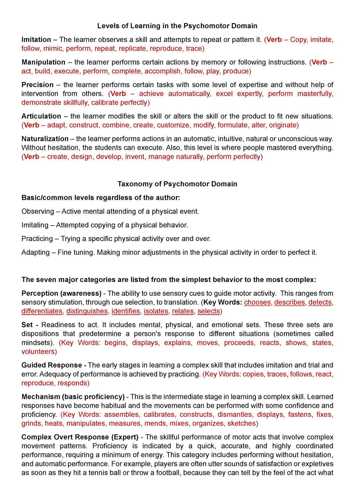 Study Guide Of Psychomotor Domain - Levels Of Learning In The 