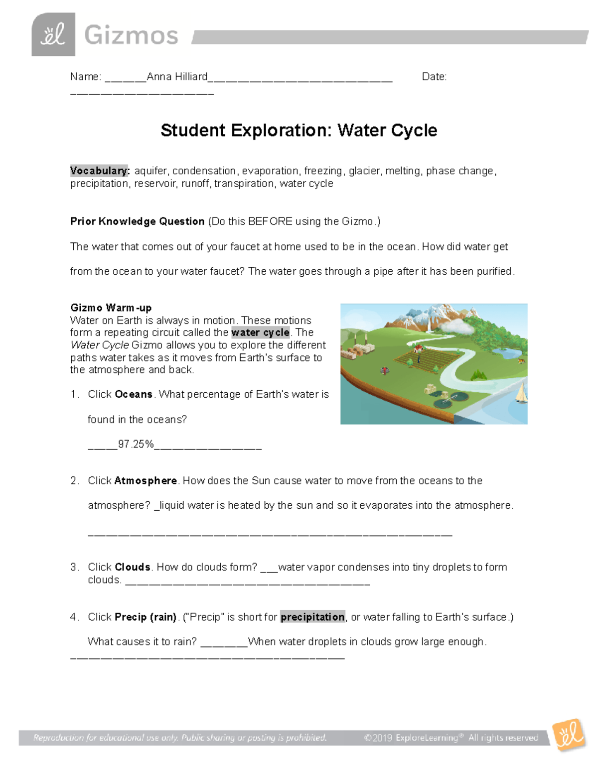 Water Cycle SE 1 Name Anna Hilliard Date Student Exploration Water 