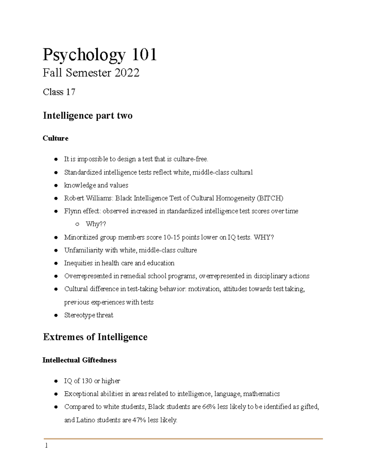 Intelligence part 2 - class notes - Psychology 101 Fall Semester 2022 ...