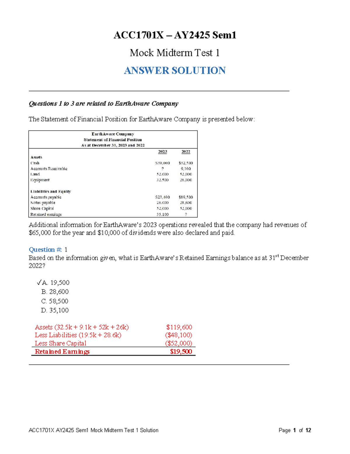 Mock Midterm 1 Solution - ACC1701X – AY2425 Sem Mock Midterm Test 1 ...