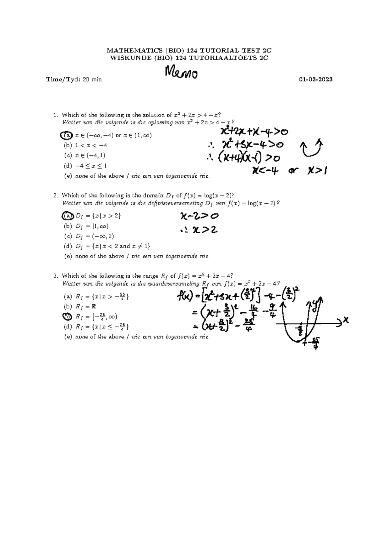 Test wed1Mar(Memo) - Tut test memo - MATHEMATICS (BIO) 124 TUTORIAL ...