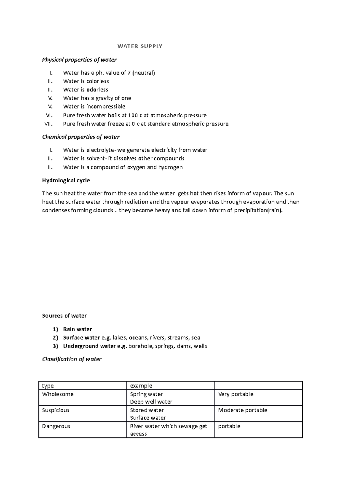 Water Supply Notes WATER SUPPLY Physical properties of water I. Water