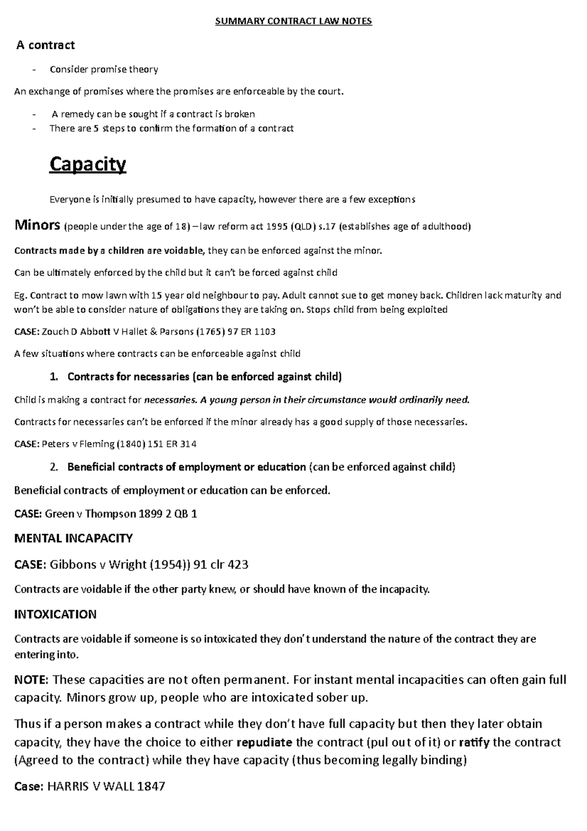 Summary Contract LAW Notes - SUMMARY CONTRACT LAW NOTES A contract ...