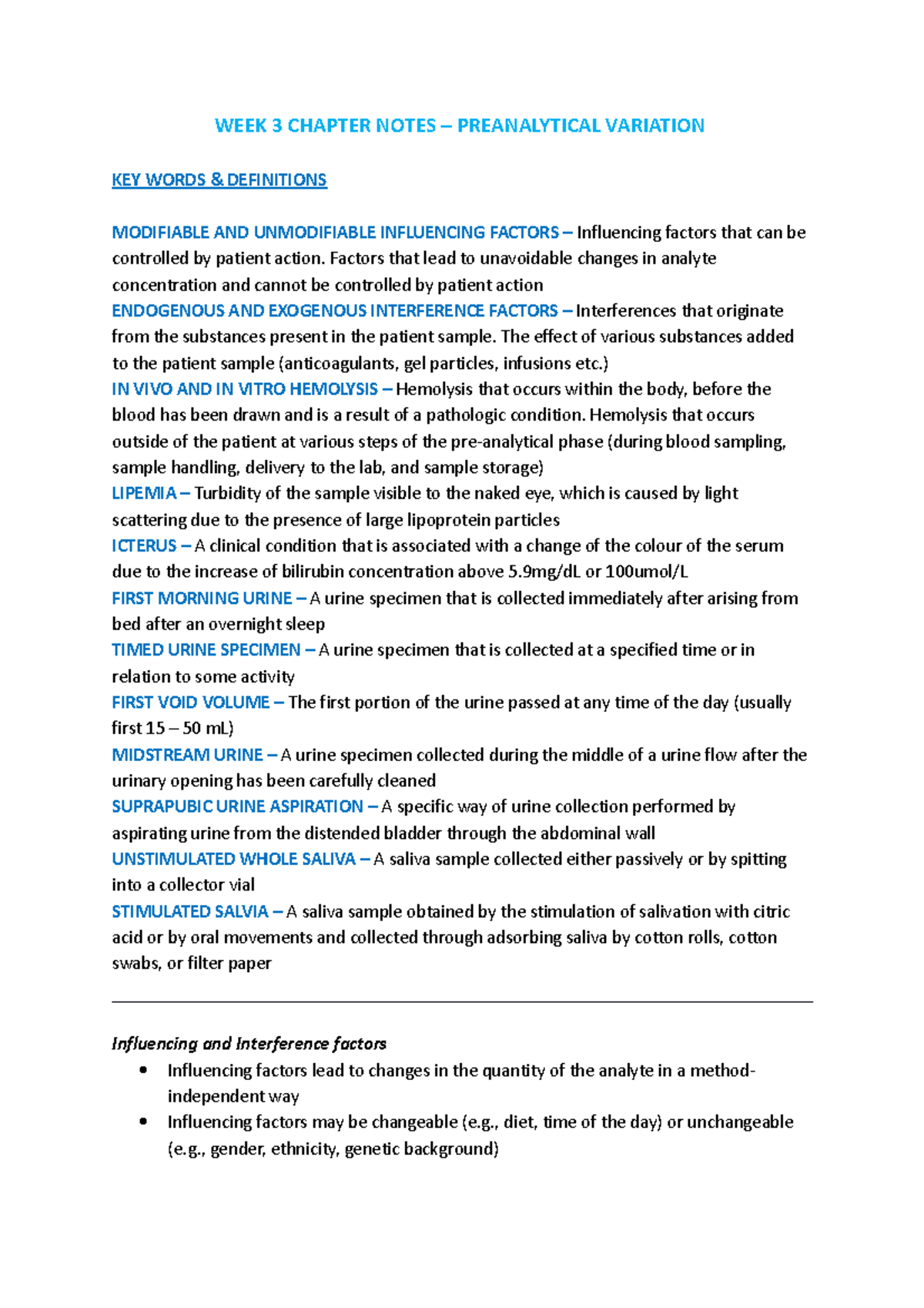 WEEK 3 Chapter Notes – Preanalytical Variation (Autosaved) - WEEK 3 ...