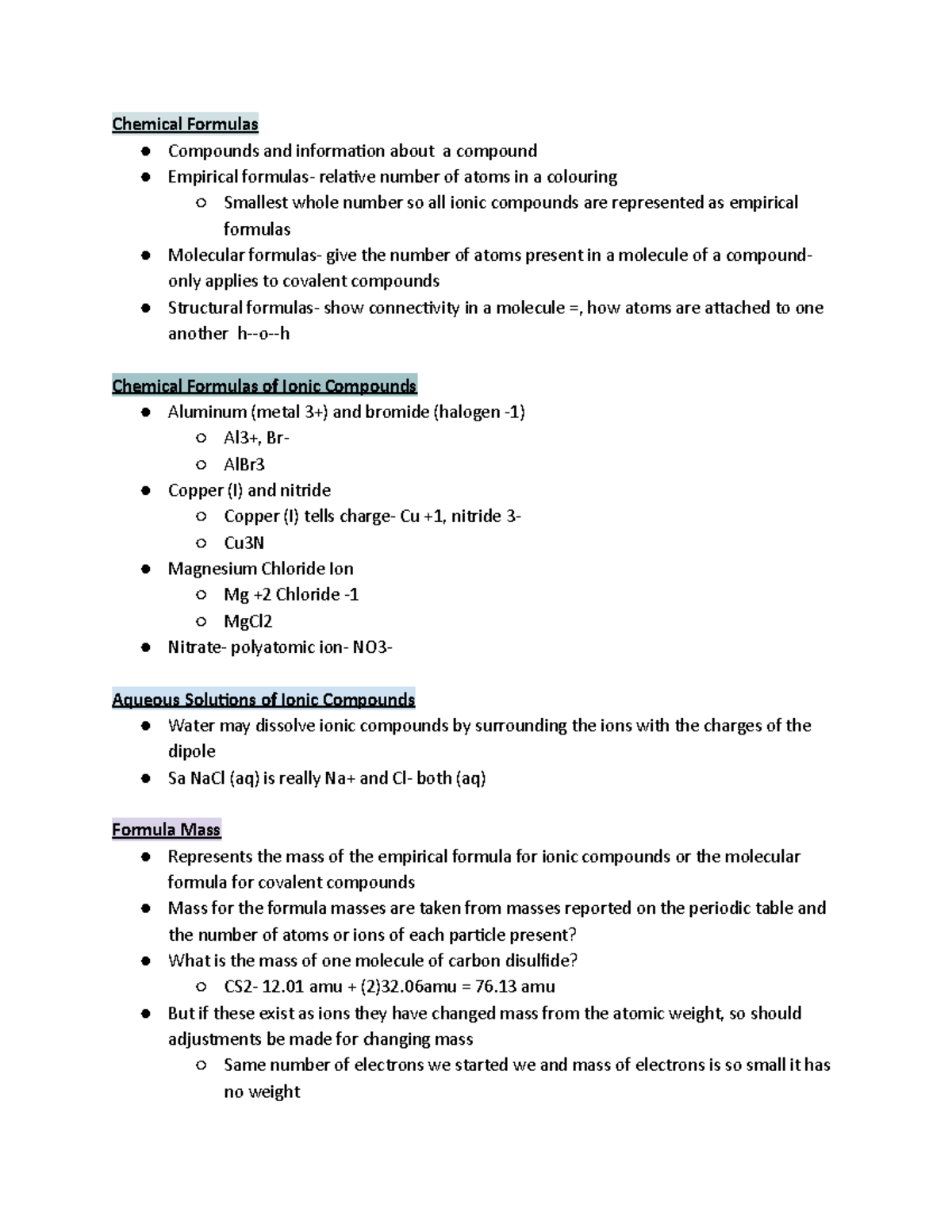 Chem 101 Lecture Notes Week 5 - Chemical Formulas Compounds and ...