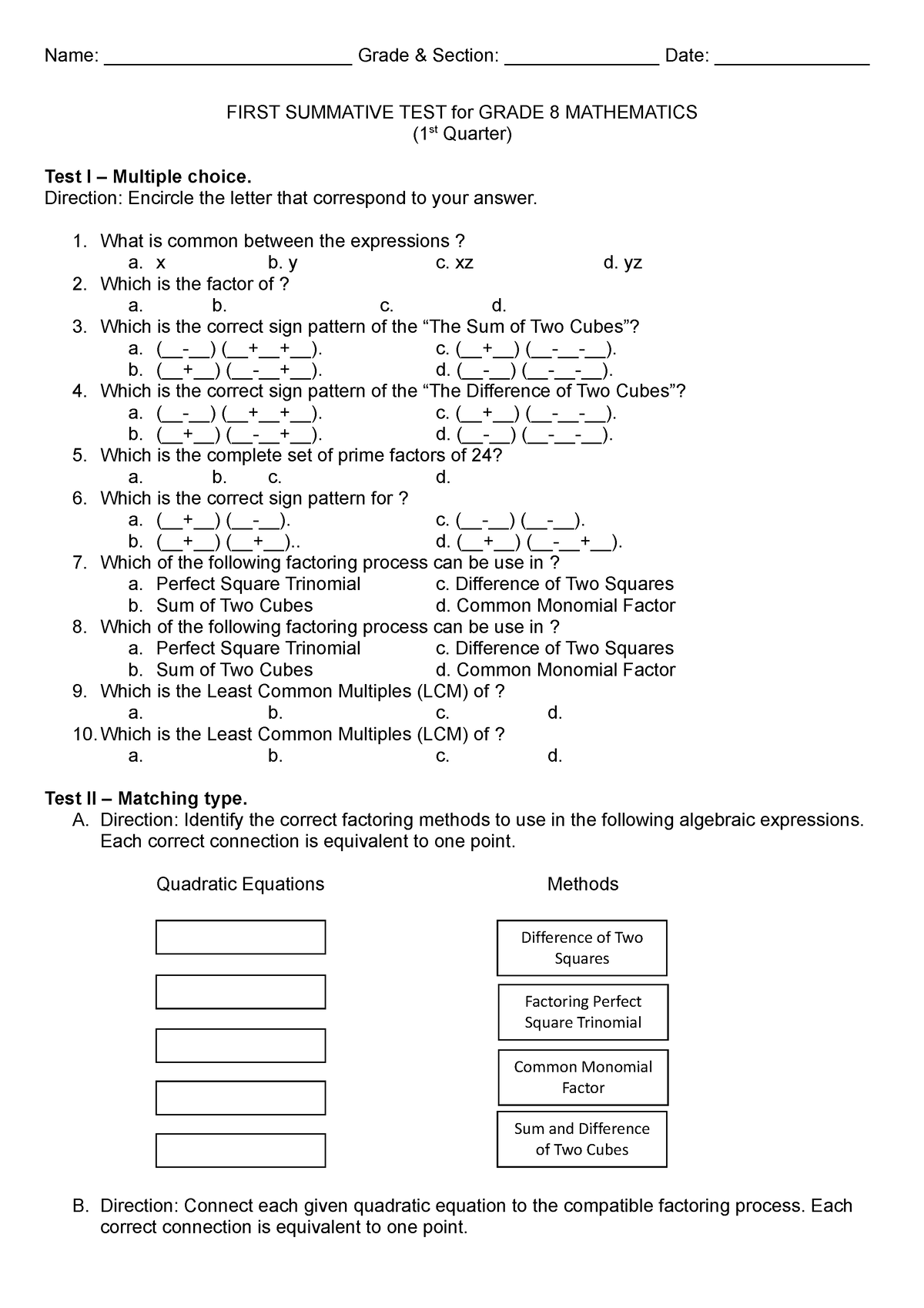 G8 Second Summative Test 1st Quarter 2022 - Name ...