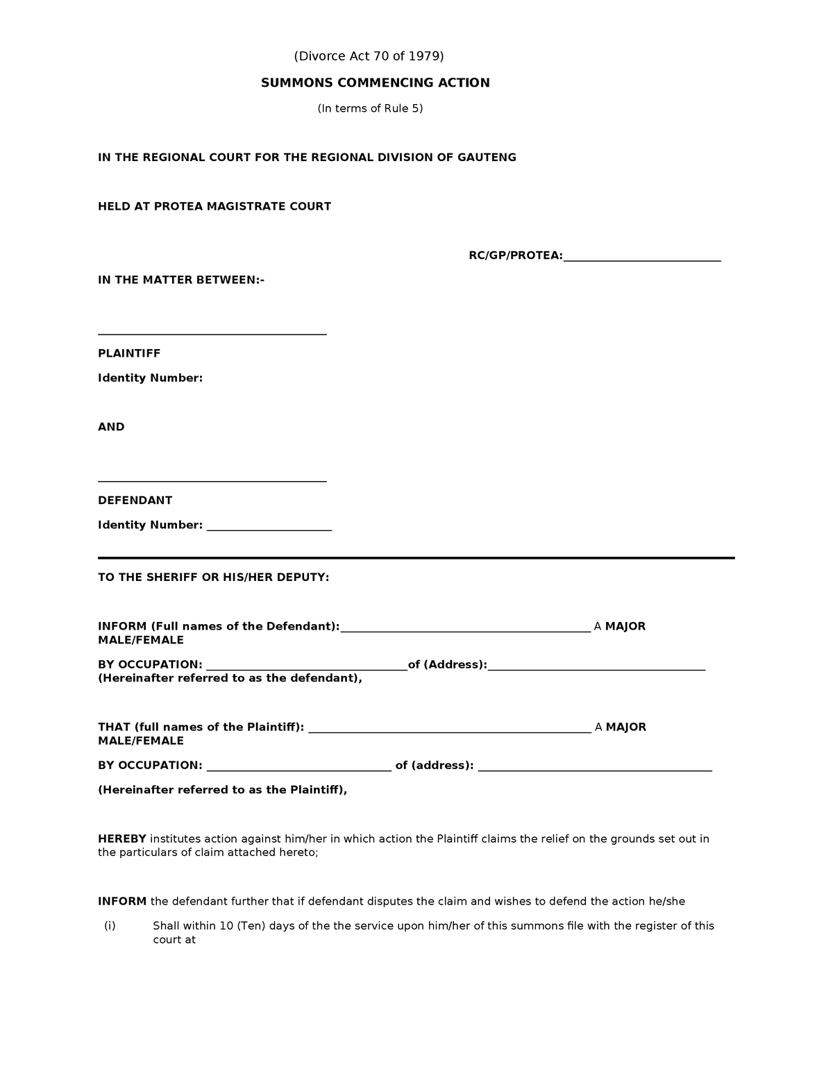 Kotsi Moses - (Divorce Act 70 of 1979) SUMMONS COMMENCING ACTION (In ...