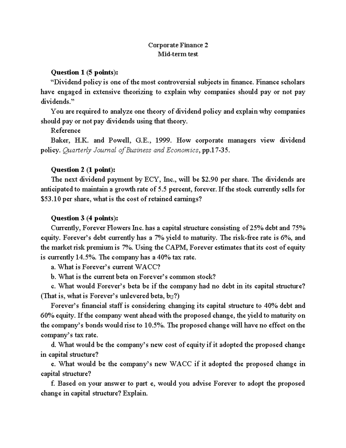Mid term test 2022a - Corporate Finance 2 Mid-term test Question 1 (5 ...