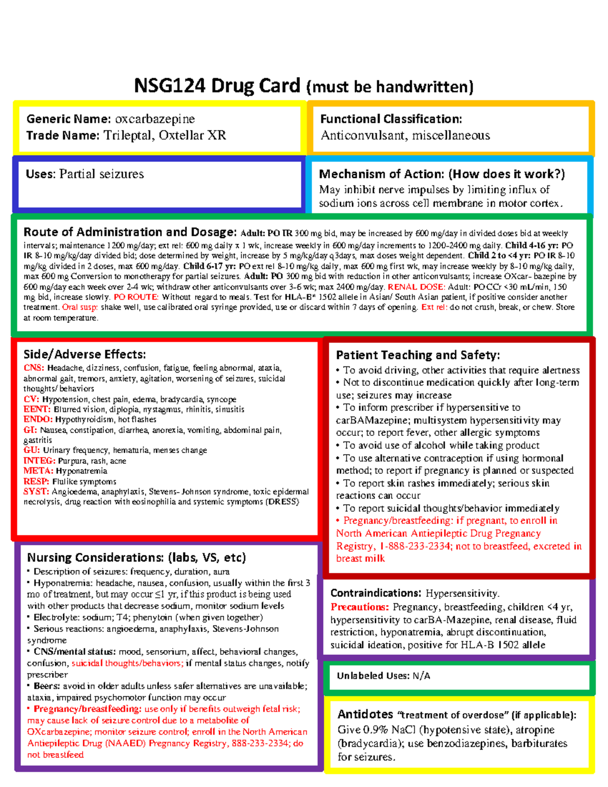 Oxcarbazepine Drug Card - NSG124 Drug Card (must Be Handwritten ...