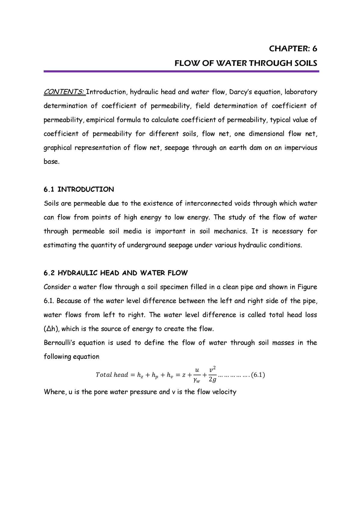 Chapter 6 Flow Of Water Through Soils - CHAPTER: 6 FLOW OF WATER ...