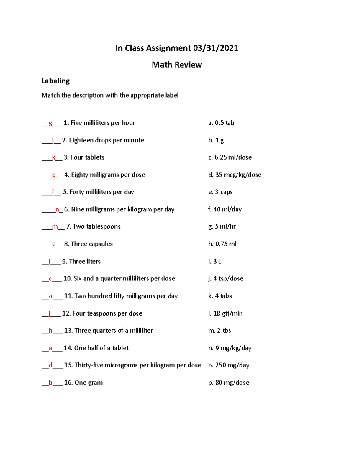 Answer Key-In Class Math Review - In Class Assignment 03/31/ Math ...
